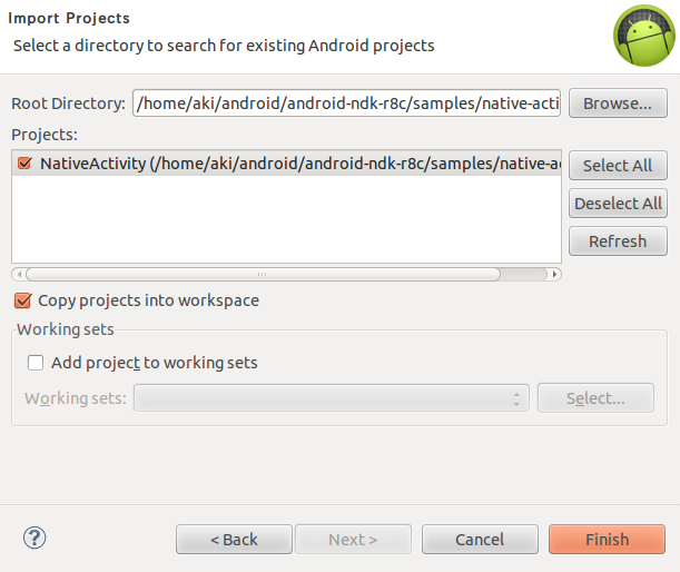 Android NDKのサン>プルからNativeActivityのプロジェクトを読み込み Android NDKのサンプルからNativeActivityのプロジェクトを読み込み